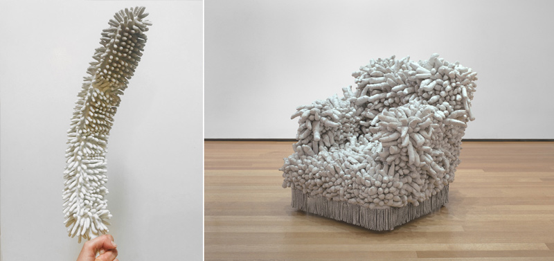detail of duster (left), Kusama’s Accumulation No. 1 (right)